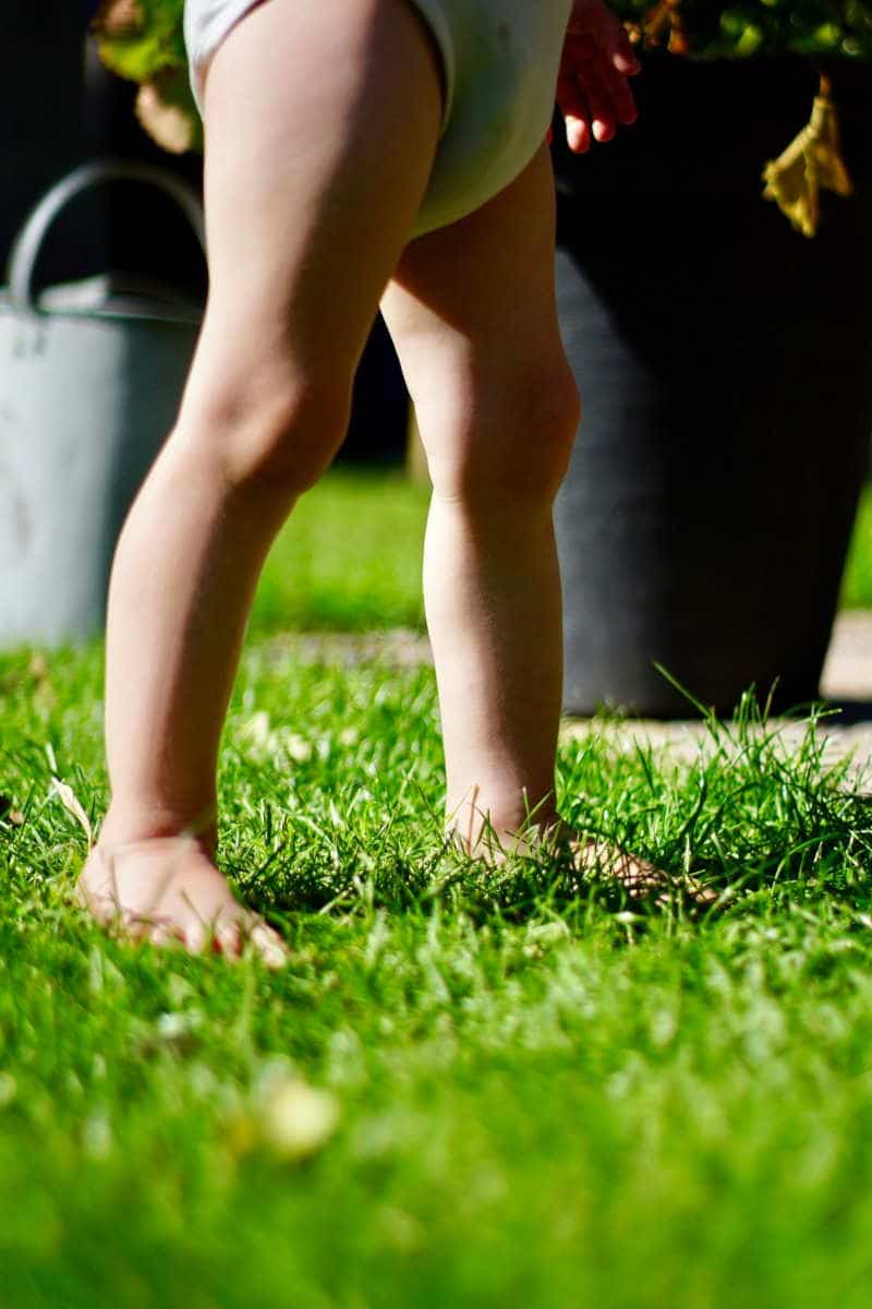 A small child walking barefoot on grass in a garden.
