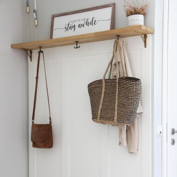 Featured image for the post Hallway Paneling DIY with hooks and shelf