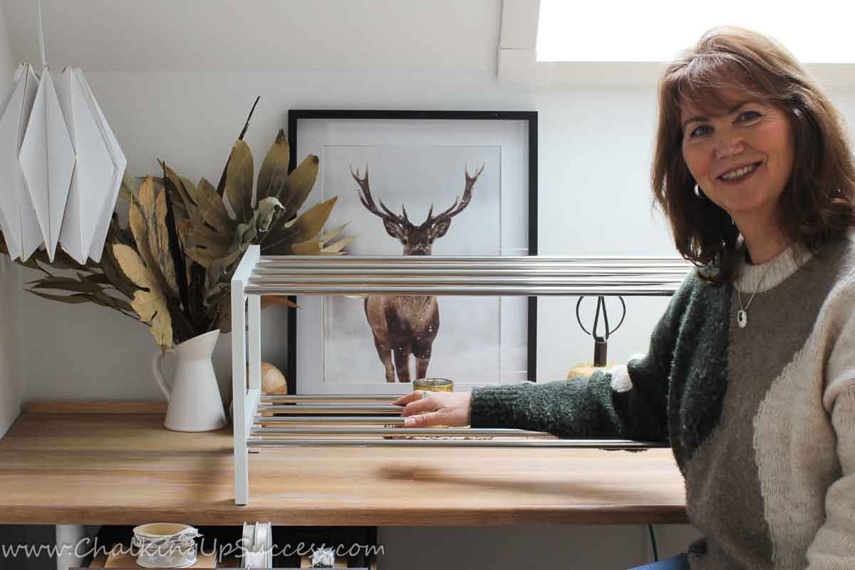 A person smiling into the camera. A fully assembled closet floor shoe rack is displayed on the desk behind her.